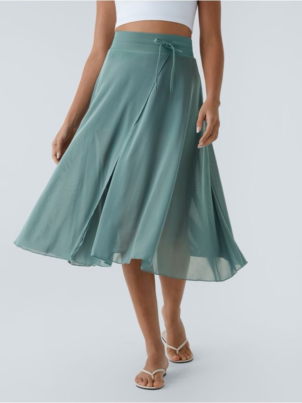 Halara High Waisted Drawstring Contrast Mesh 2-in-1 Flowy Midi Flare Skirt Med